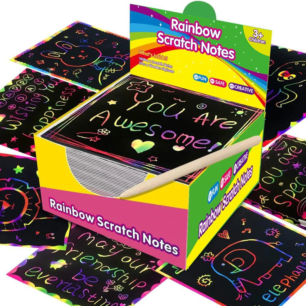 100 Pcs Rainbow Scratch Paper Art Notes - Crafts for Kids Ages 4-8, Classroom Prizes, 1st 2nd 3rd Grade School Activity Bulk, End of Year Student Gifts from Teacher, Birthday Gifts for Boys Girls, Christmas Gift