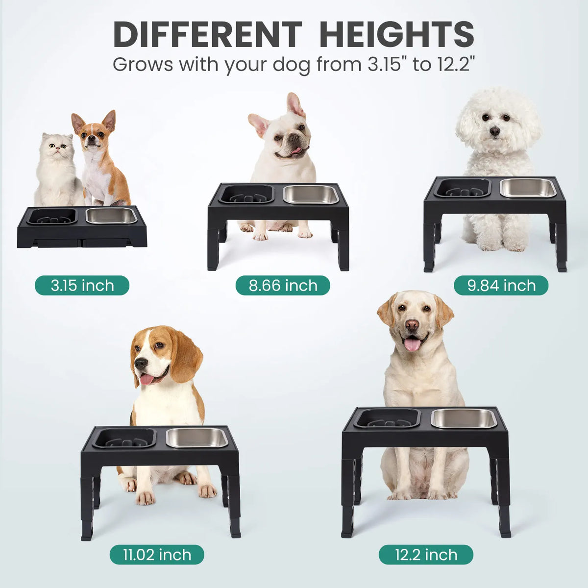 2-in-1 Elevated Slow Feeder Dog Bowls, Non-Slip Stainless Steel/Plastic/ Pet Food & Water Bowls with Foldable Stand