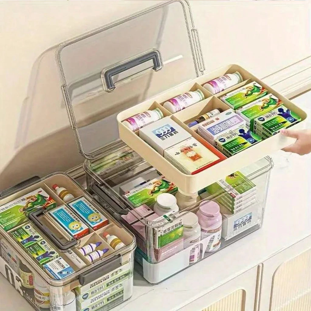 Multifunctional Storage Box Large Capacity Desktop Organizer Transparent Dustproof Container with Handle for Medicine Cosmetics Jewelry Stationery Home Office Drawer