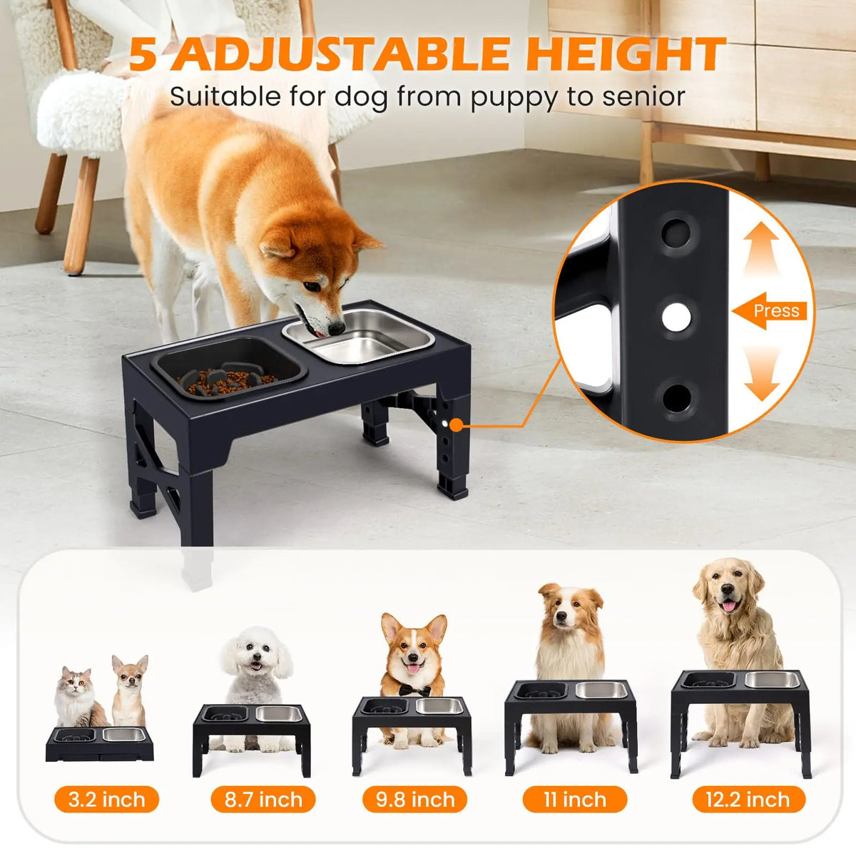 2-in-1 Elevated Slow Feeder Dog Bowls, Non-Slip Stainless Steel/Plastic/ Pet Food & Water Bowls with Foldable Stand