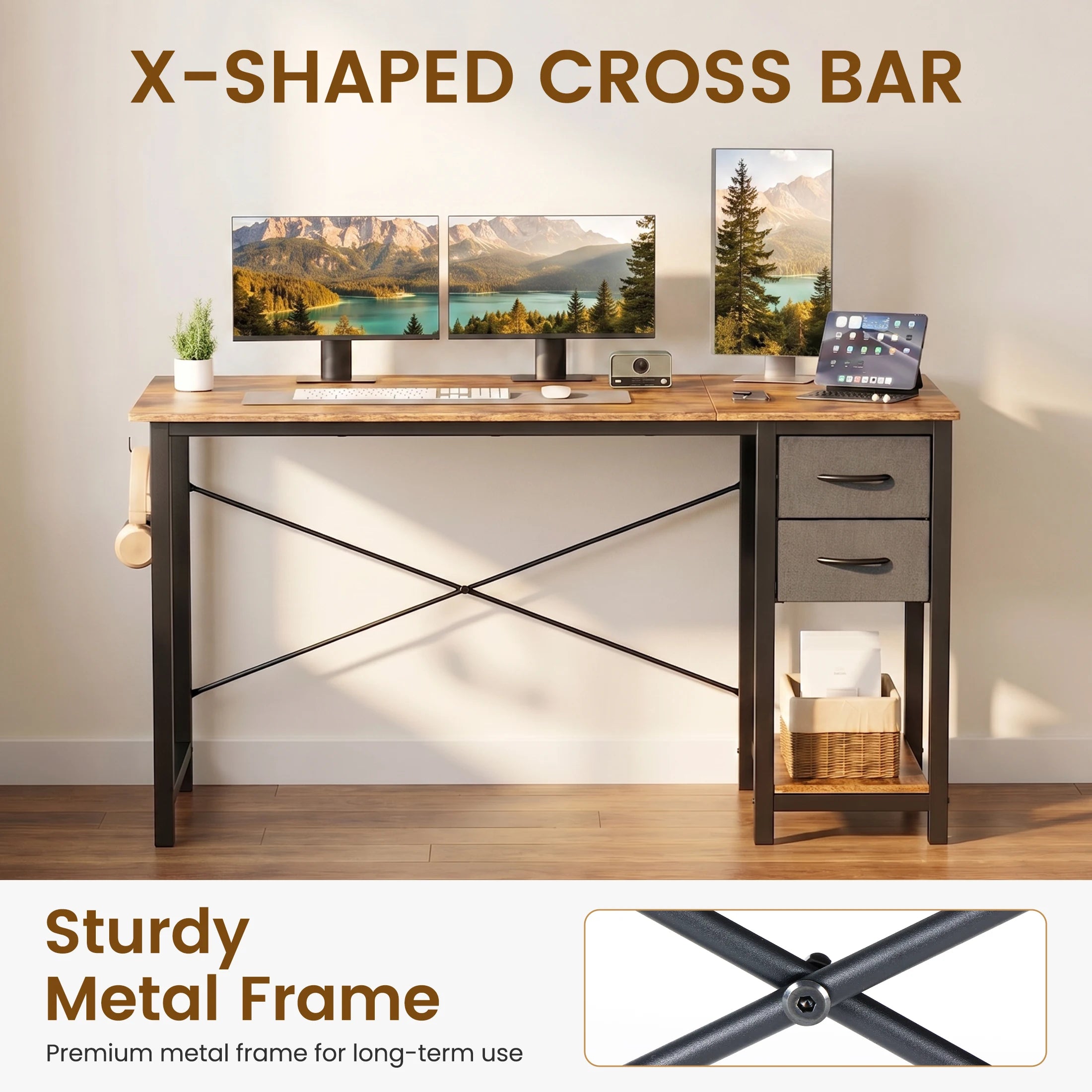 MCQ 47 Inch Standing Office Computer Desk with Drawers and Side Hook Ergonomic Gaming Desk With Storage X‑Frame Stability For Home Office Small Space