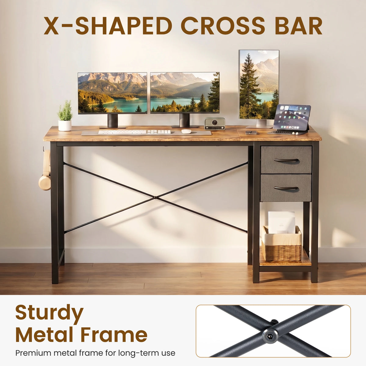 MCQ 47 Inch Standing Office Computer Desk with Drawers and Side Hook Ergonomic Gaming Desk With Storage X‑Frame Stability For Home Office Small Space