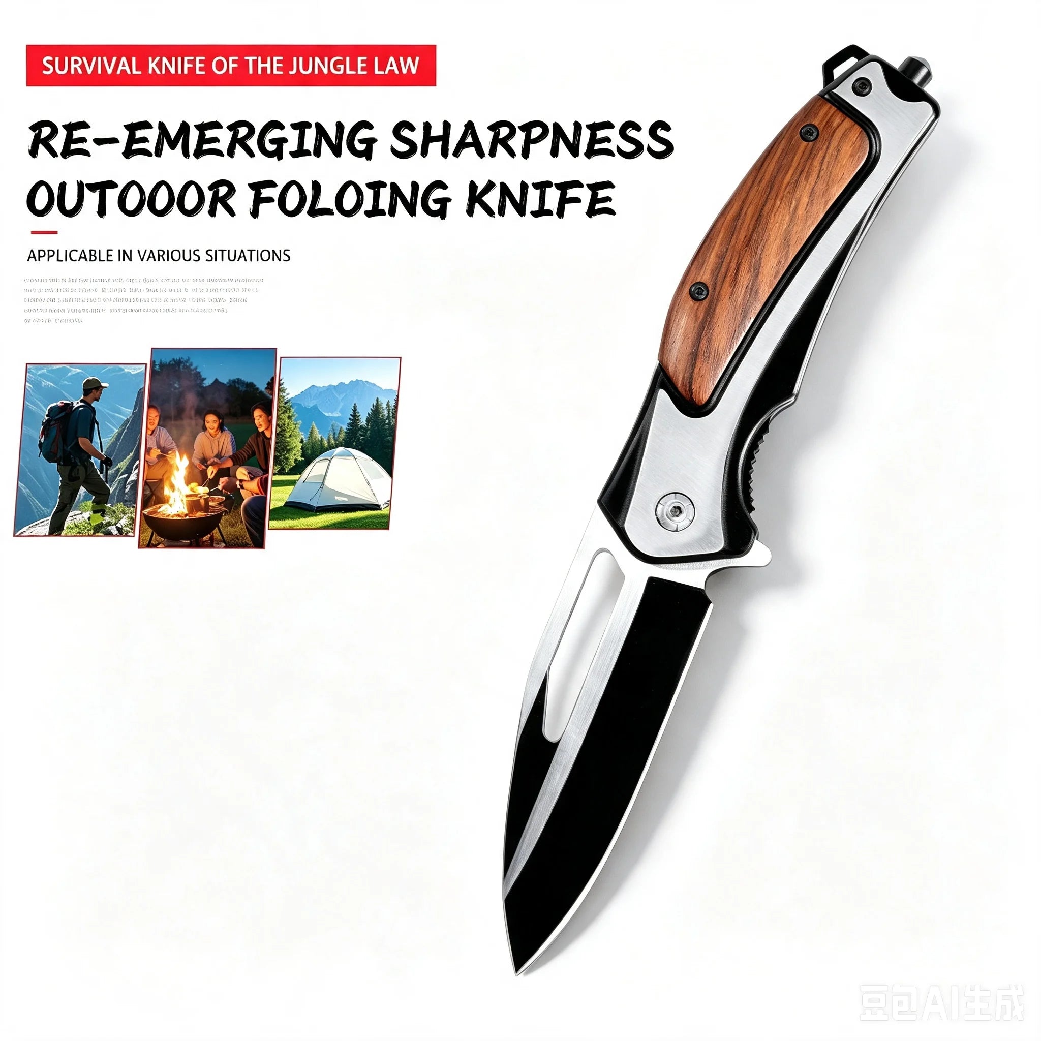 Manual Folding Pocket Knife, Wood Grain Handle Stainless Steel Two‑Tone Blade, EDC Utility Knife for Outdoor Camping Hiking Survival Daily Cutting