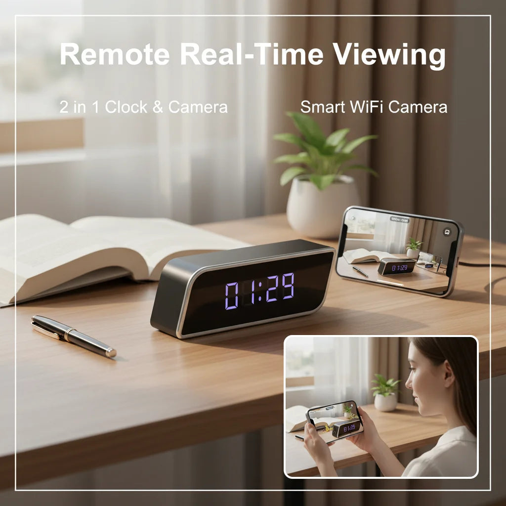 1080P HD Clock Camera Wireless WiFi Mini Recorder With Night Vision Motion Detection Real Time Remote View Multifunctional Indoor Desktop Time Display Video Cam For Home Bedroom Office Safety Monitoring