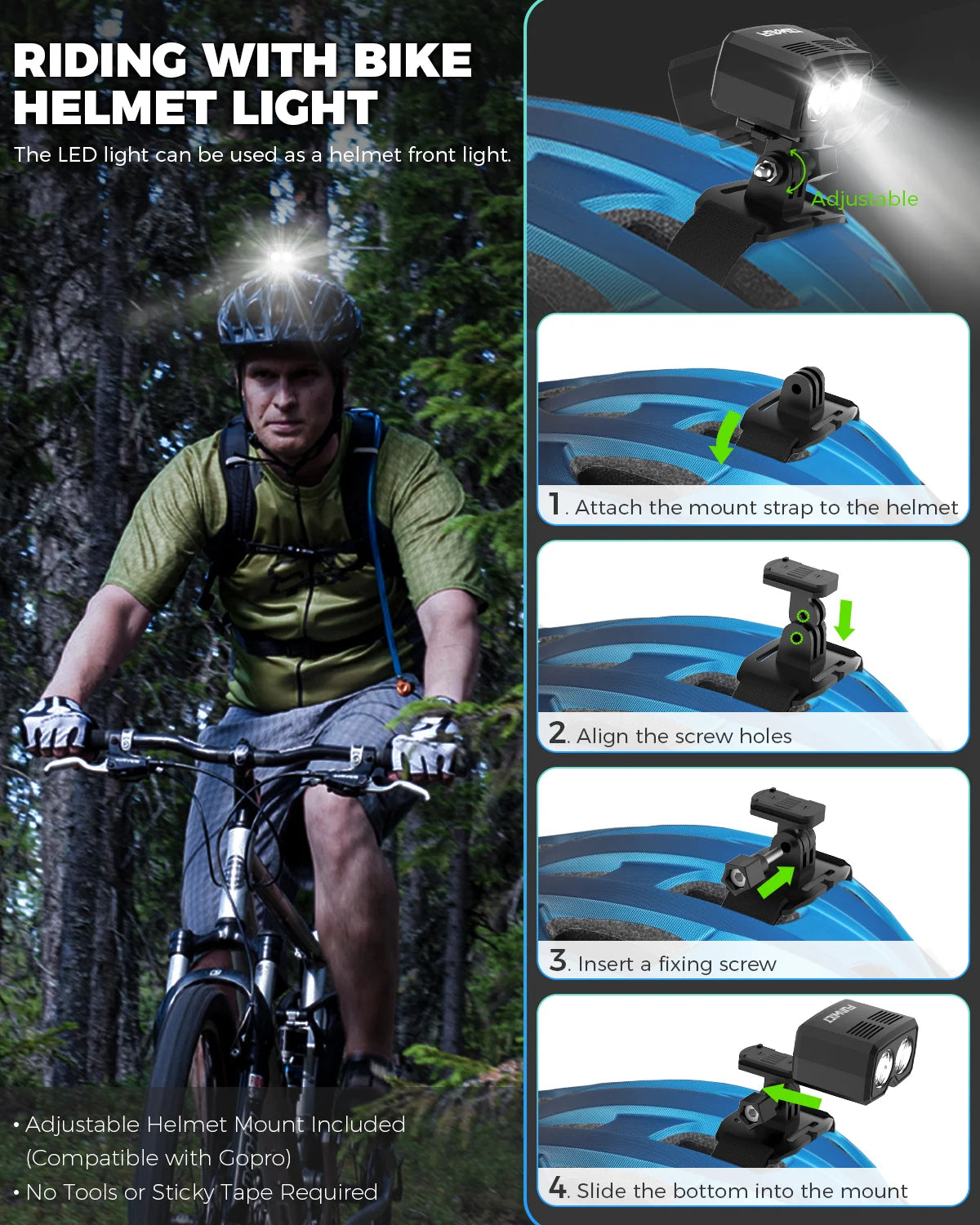 FUNWICT Bike Helmet Light 1000 Lums Waterproof Flashlight Bicycle Headlight USB Charging LED Front Lamp MTB Road Bike Night Safety Cycling Accessories
