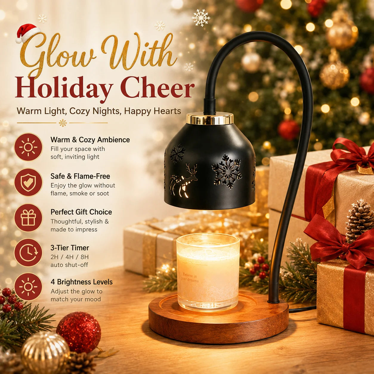 Christmas Candle Warmer Lamp Snowflake Deer Hollow Table Lamp with Adjustable Height 4 Dimmable Brightness Levels 2H 4H 8H Timer Auto Shut off Flameless Smoke Free Candle Melter Lamp for Bedroom Home Decor Ideal Christmas Hol