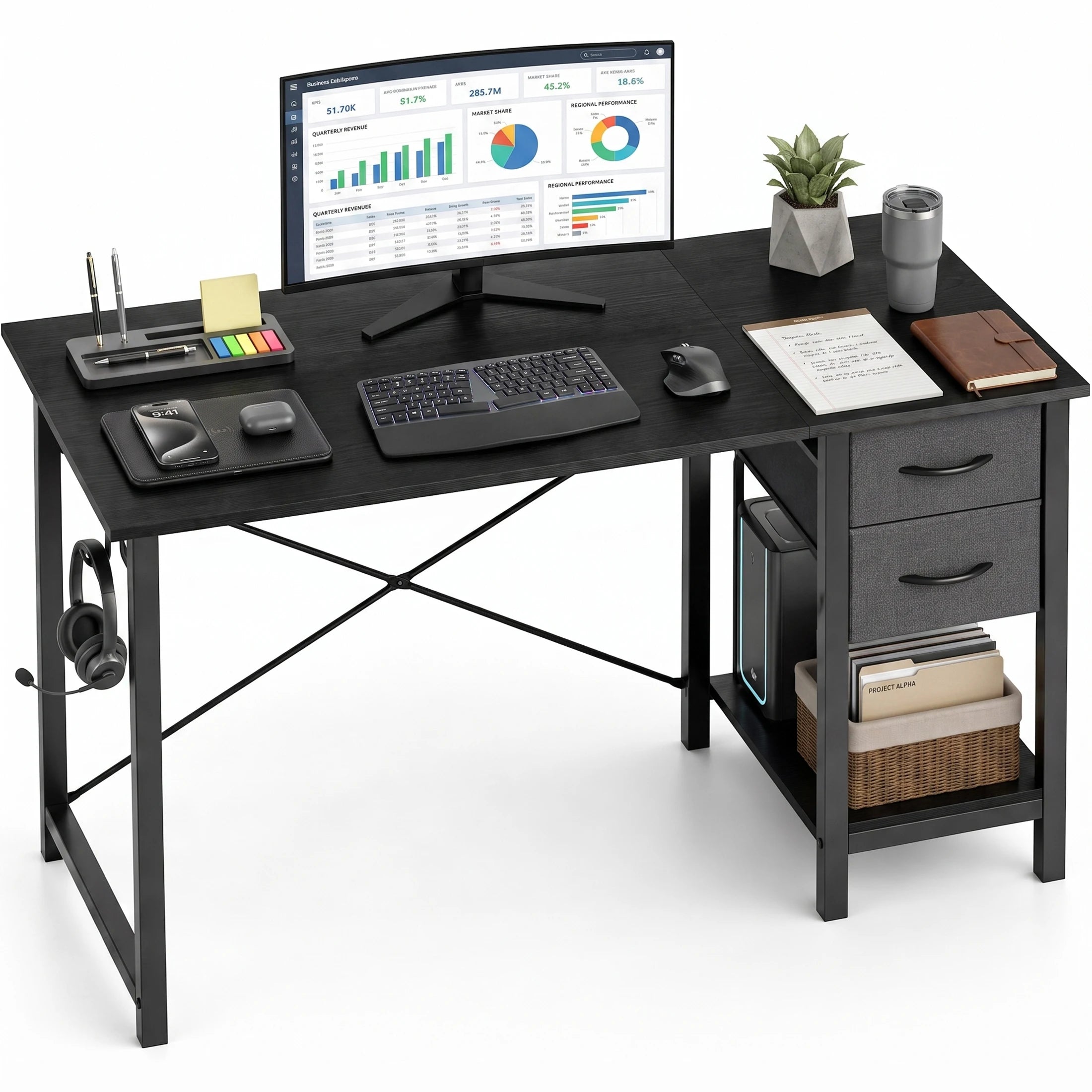 MCQ 47 Inch Standing Office Computer Desk with Drawers and Side Hook Ergonomic Gaming Desk With Storage X‑Frame Stability For Home Office Small Space