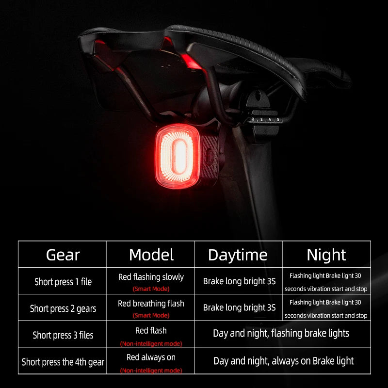 ROCKBROS Bike Light Smart Bicycle Rear Light Auto Brake Sensing IPX6 Waterproof Cycling Tail Lamp LED Type-C Charging Safety Bike Taillight
