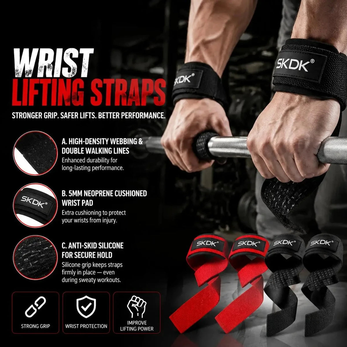 Heavy Duty Cotton Wrist Lifting Straps for Deadlift and Weightlifting Gym Fitness Neoprene Padded Cushioned Anti Slip Pull Grips Band Wrist Wraps Support for Powerlifting Bodybuilding Strength Training Workouts Men Women