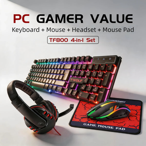 T-WOLF 4 in 1 Gaming Combo Set RGB Keyboard Mouse Headset Large Mousepad Wired USB Rainbow LED Back to School PC Gamer Kit for Desktop Laptop
