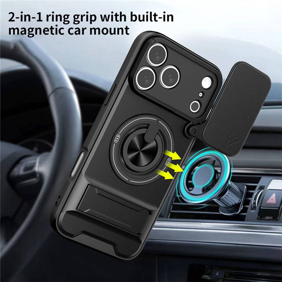 Magnetic Bracket Phone Case, Sliding Camera Lens Cover for Privacy Protection, 360° Rotatable Ring Kickstand, Anti-Slip Shockproof Full-Body Protective Case, Compatible with iPhone 18/17/16/15/14/13/12/11/Air/Pro Max/Plus