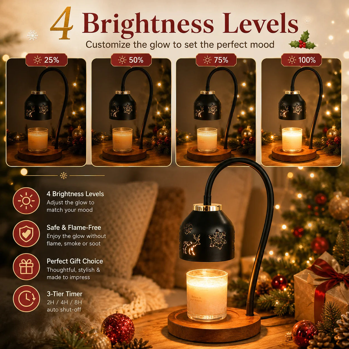 Christmas Candle Warmer Lamp Snowflake Deer Hollow Table Lamp with Adjustable Height 4 Dimmable Brightness Levels 2H 4H 8H Timer Auto Shut off Flameless Smoke Free Candle Melter Lamp for Bedroom Home Decor Ideal Christmas Hol