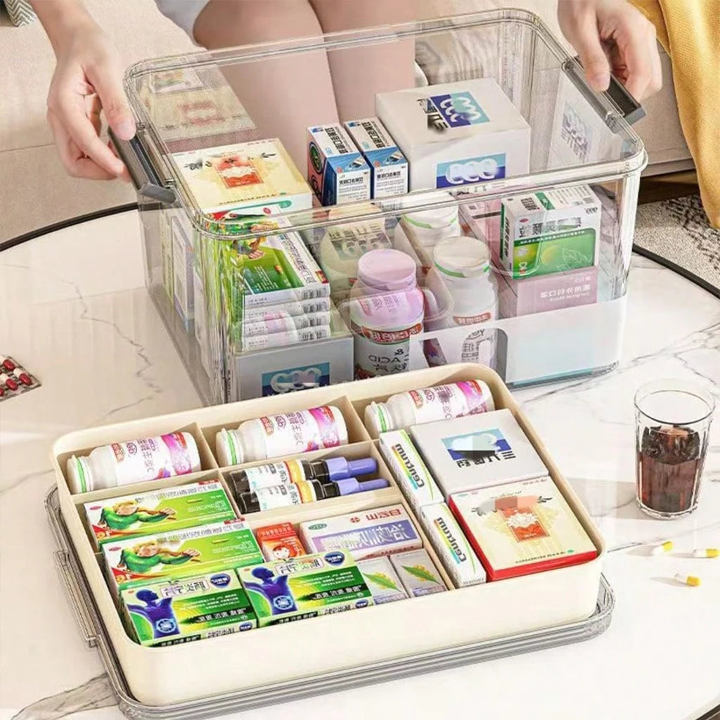 Multifunctional Storage Box Large Capacity Desktop Organizer Transparent Dustproof Container with Handle for Medicine Cosmetics Jewelry Stationery Home Office Drawer