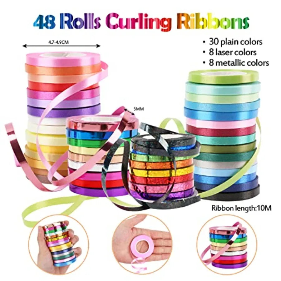 48 Rolls Curling Balloon String Roll Ribbons 48 Colors 5mm 11 Yards Gift Wrapping Ribbons for Art Crafts Bows Wedding Party Flo