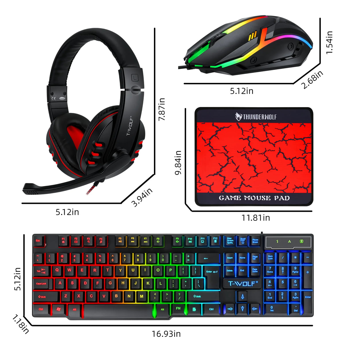 T-WOLF 4 in 1 Gaming Combo Set RGB Keyboard Mouse Headset Large Mousepad Wired USB Rainbow LED Back to School PC Gamer Kit for Desktop Laptop