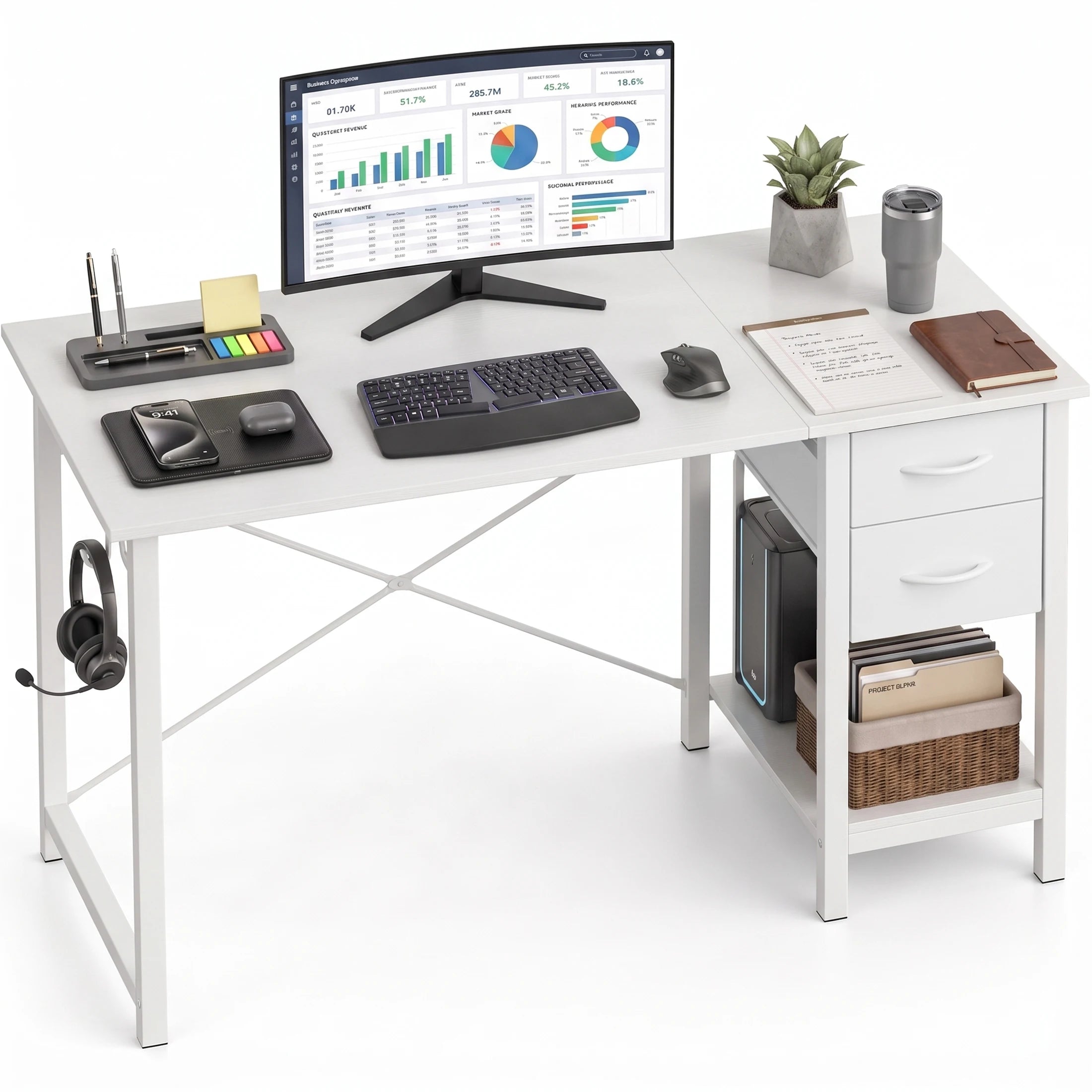 MCQ 47 Inch Standing Office Computer Desk with Drawers and Side Hook Ergonomic Gaming Desk With Storage X‑Frame Stability For Home Office Small Space