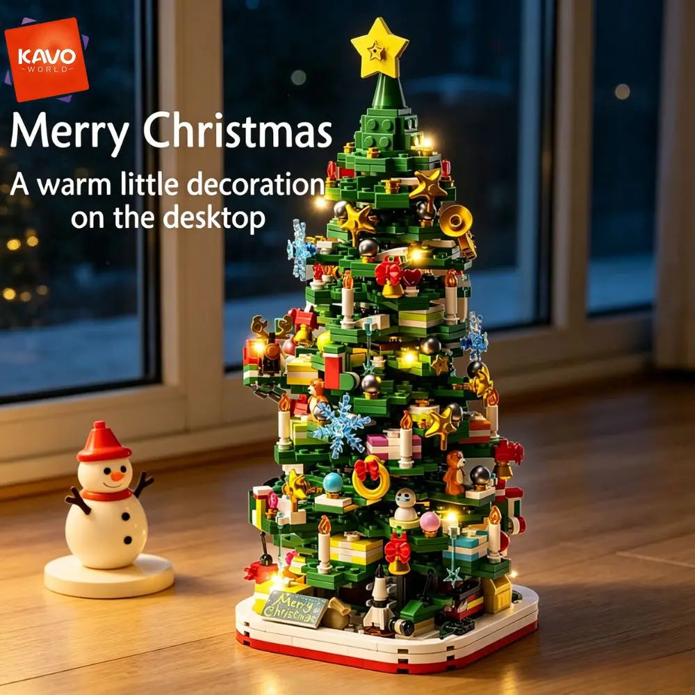 KAVOWORLD 1024pcs Christmas Tree Building Bricks Set with LED Light Up DIY Xmas Tree Home Tabletop Decor Assembly Model Stable Interlocking Building Bricks 3D Puzzle Construction Kit Christmas Party Display Holiday Festive Or