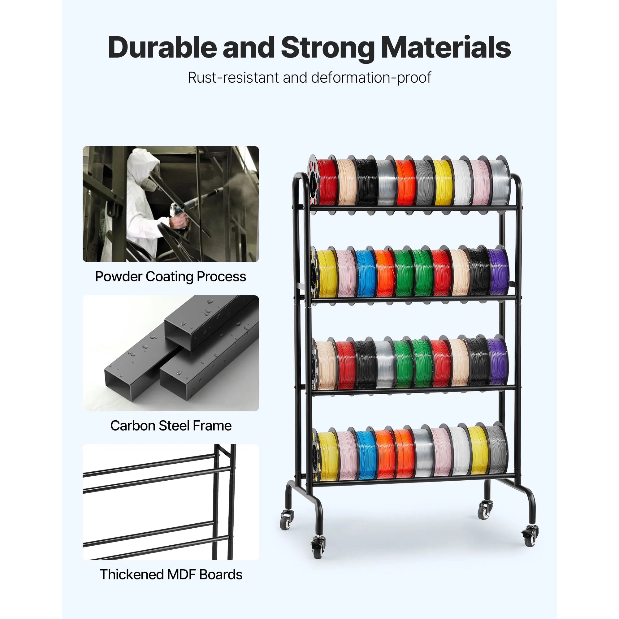 SucceBuy 4 Tier 3D Printer Filament Rolling Filament Spool Storage Rack with Wheels for Office Workshop 3D Printing Station