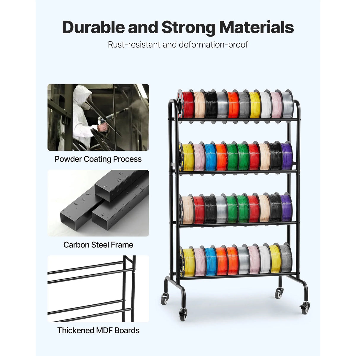 SucceBuy 4 Tier 3D Printer Filament Rolling Filament Spool Storage Rack with Wheels for Office Workshop 3D Printing Station