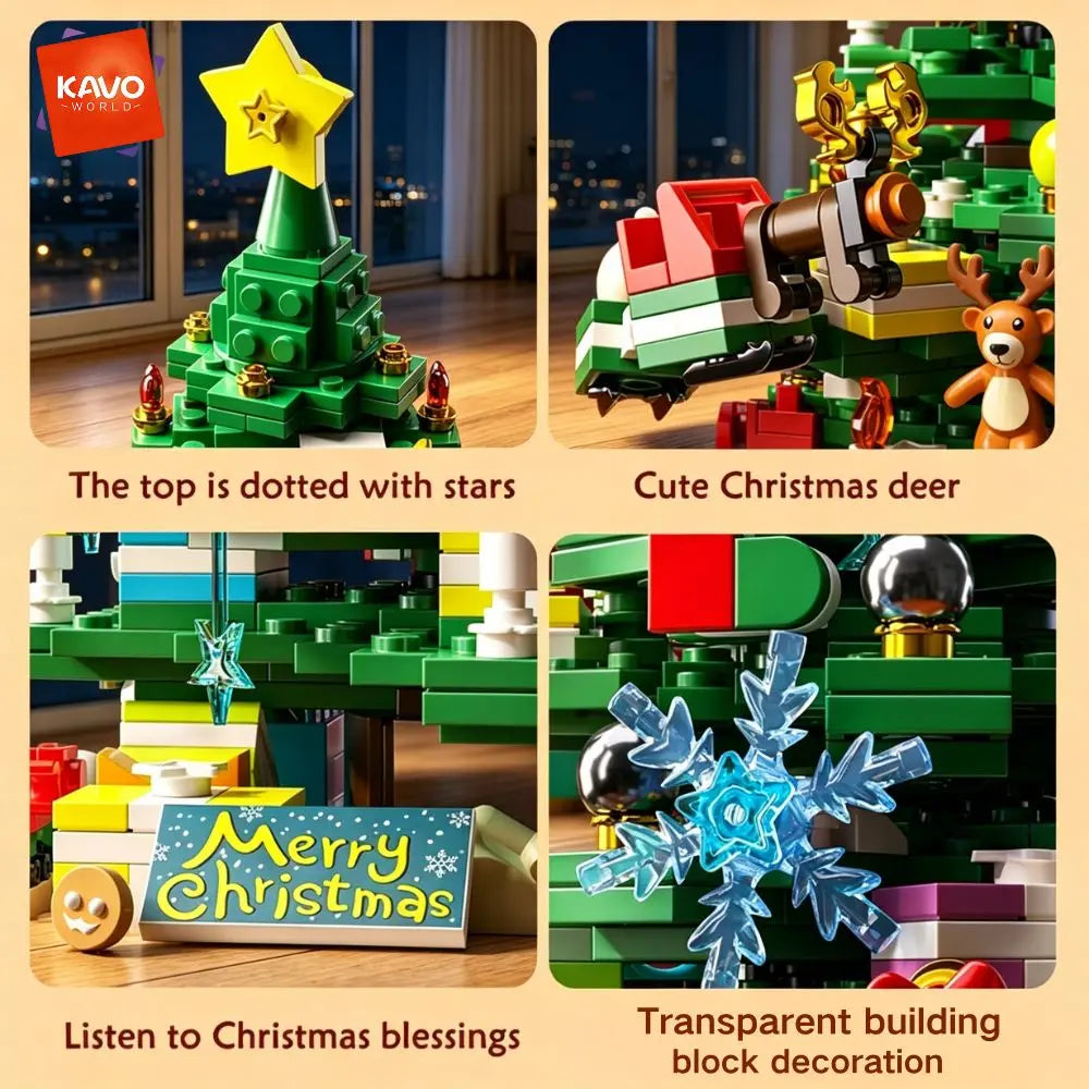 KAVOWORLD 1024pcs Christmas Tree Building Bricks Set with LED Light Up DIY Xmas Tree Home Tabletop Decor Assembly Model Stable Interlocking Building Bricks 3D Puzzle Construction Kit Christmas Party Display Holiday Festive Or