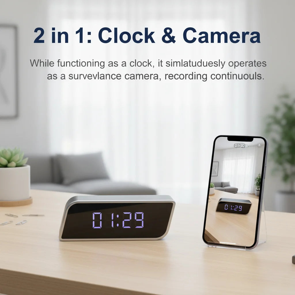 1080P HD Clock Camera Wireless WiFi Mini Recorder With Night Vision Motion Detection Real Time Remote View Multifunctional Indoor Desktop Time Display Video Cam For Home Bedroom Office Safety Monitoring