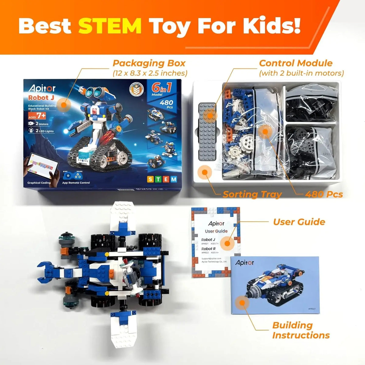 Apitor Robot J 6 in 1 STEM Kit for Kids Age 7+ STEM Educational Toys with App Control Programmable Robot Kit Classic Toys Gifts For Boys Girls Birthday Christmas Gift