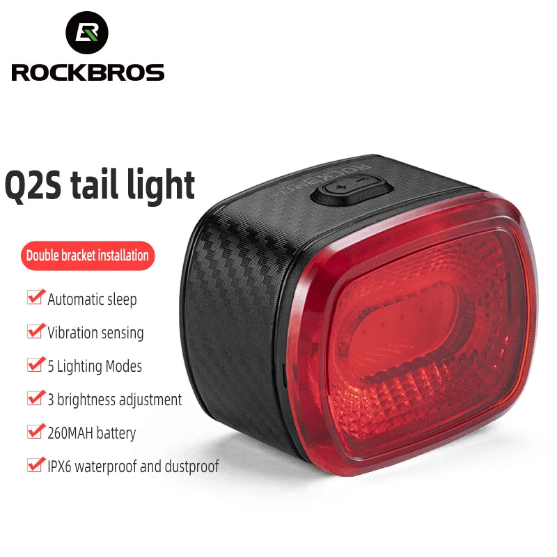 ROCKBROS Bike Light Smart Bicycle Rear Light Auto Brake Sensing IPX6 Waterproof Cycling Tail Lamp LED Type-C Charging Safety Bike Taillight