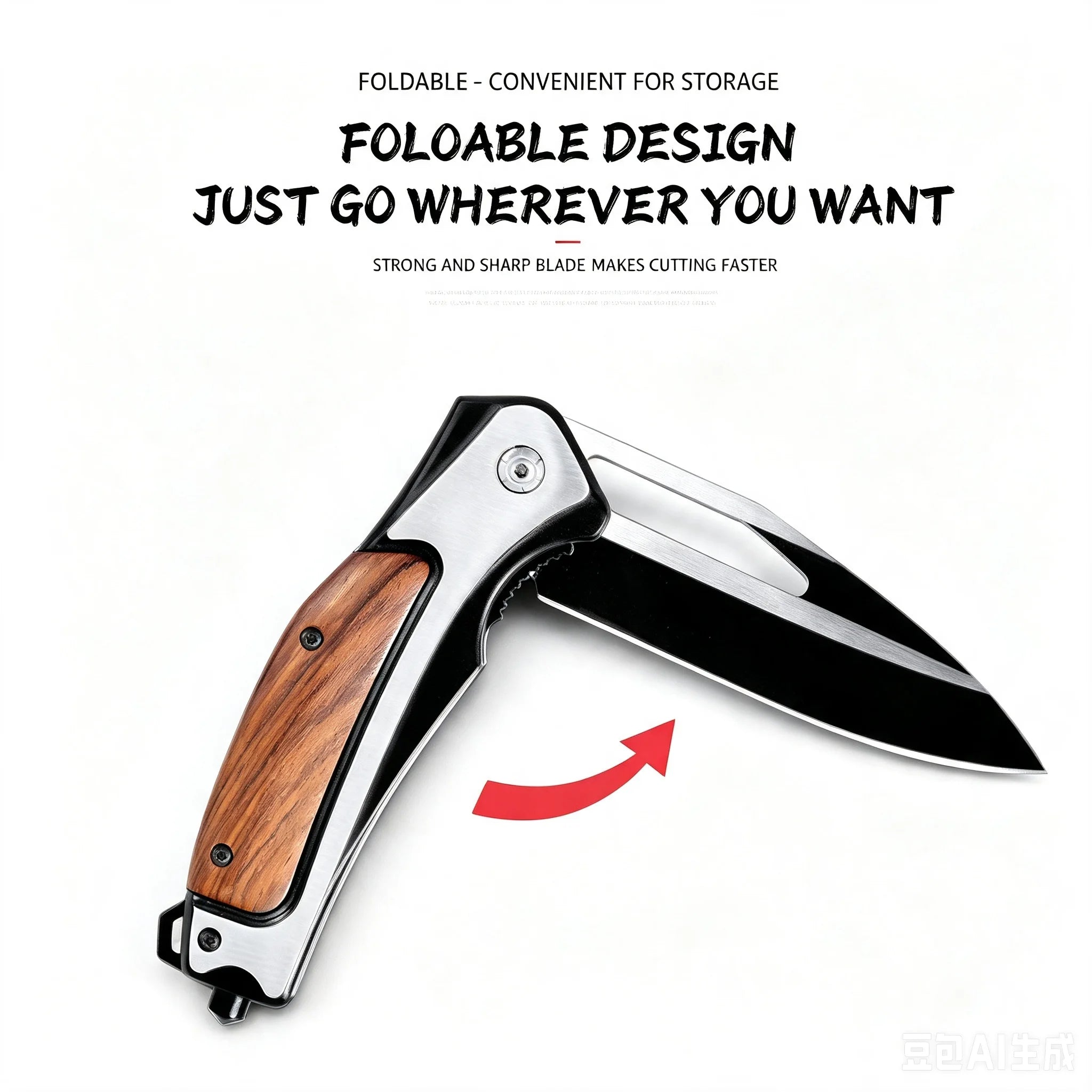 Manual Folding Pocket Knife, Wood Grain Handle Stainless Steel Two‑Tone Blade, EDC Utility Knife for Outdoor Camping Hiking Survival Daily Cutting