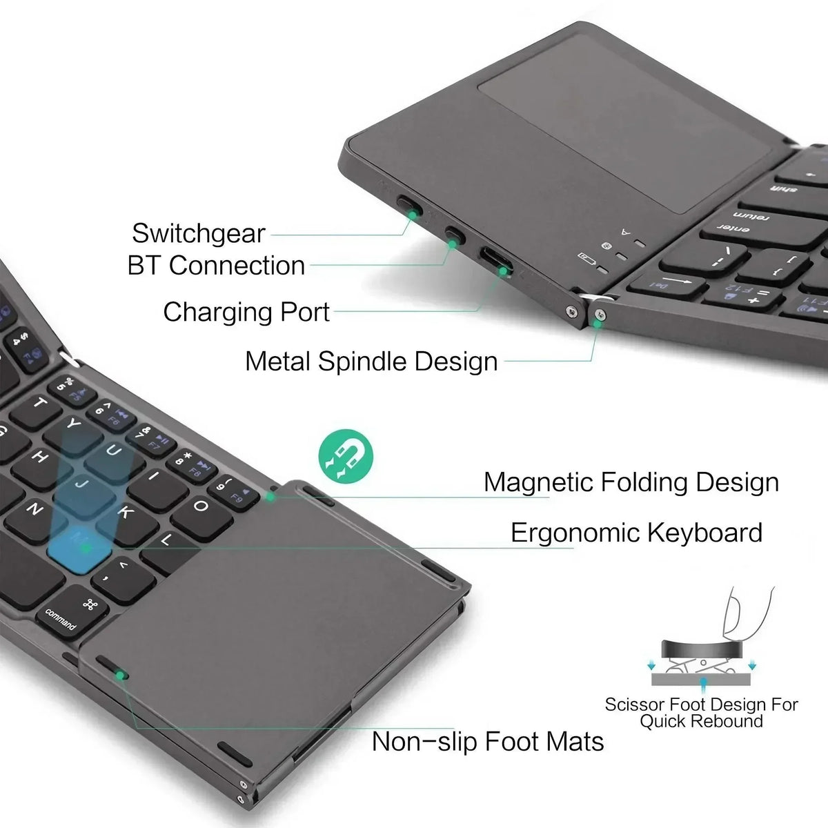 Foldable Bluetooth Keyboard Portable Mini Wireless Keyboard with Touchpad Compact Pocket Size Design for Android Windows PC iOS Tablet Smartphone Laptop Office Travel Home Typing and Mobile Work Rechargeable Lightweight Keybo