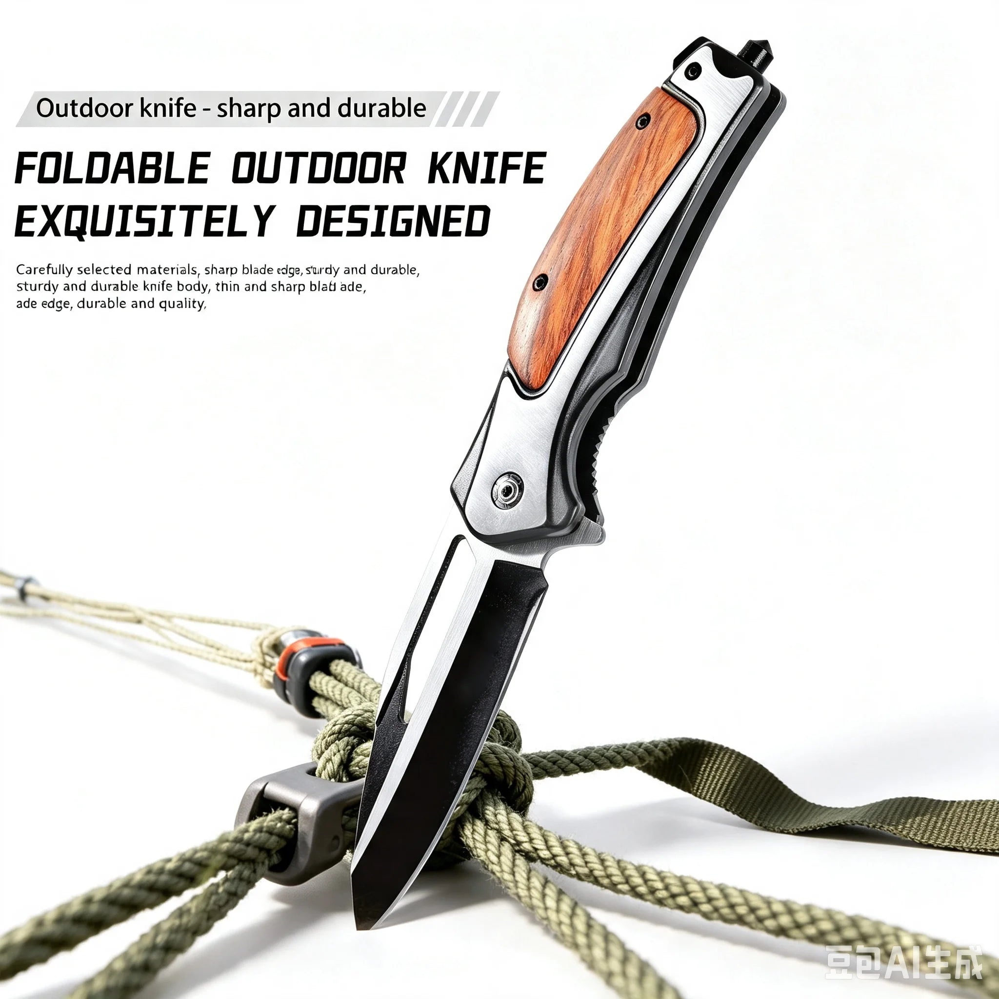 Manual Folding Pocket Knife, Wood Grain Handle Stainless Steel Two‑Tone Blade, EDC Utility Knife for Outdoor Camping Hiking Survival Daily Cutting