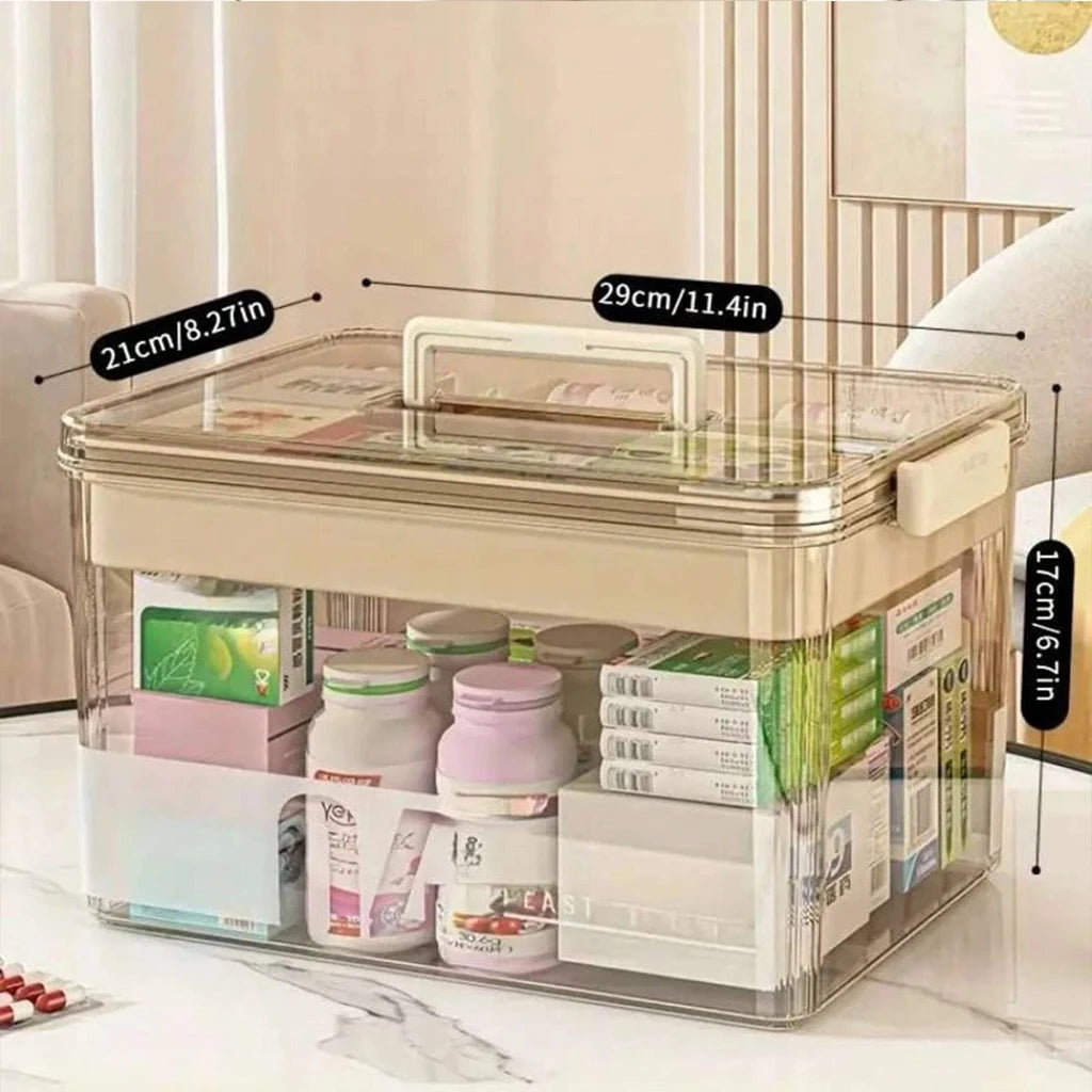 Multifunctional Storage Box Large Capacity Desktop Organizer Transparent Dustproof Container with Handle for Medicine Cosmetics Jewelry Stationery Home Office Drawer