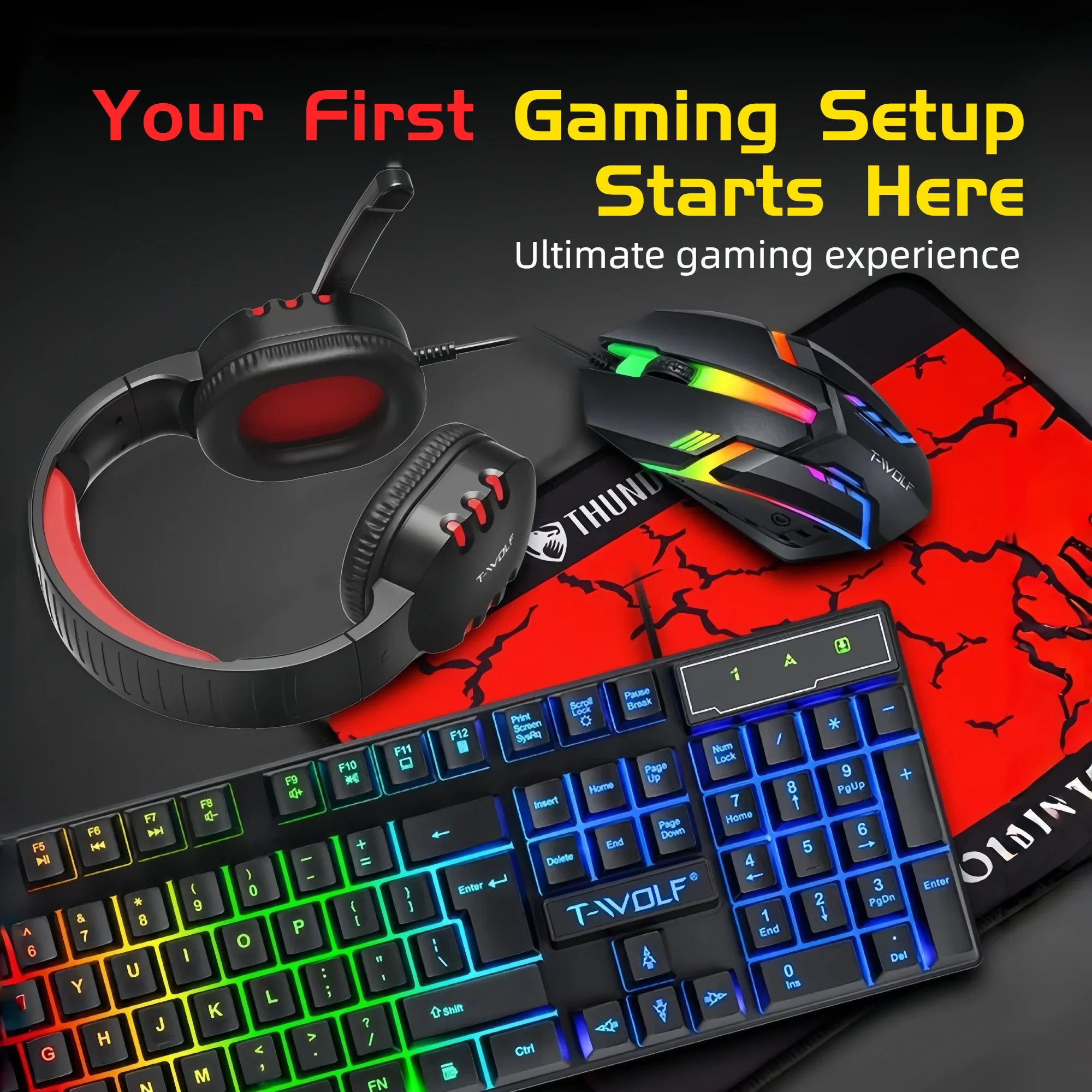 T-WOLF 4 in 1 Gaming Combo Set RGB Keyboard Mouse Headset Large Mousepad Wired USB Rainbow LED Back to School PC Gamer Kit for Desktop Laptop