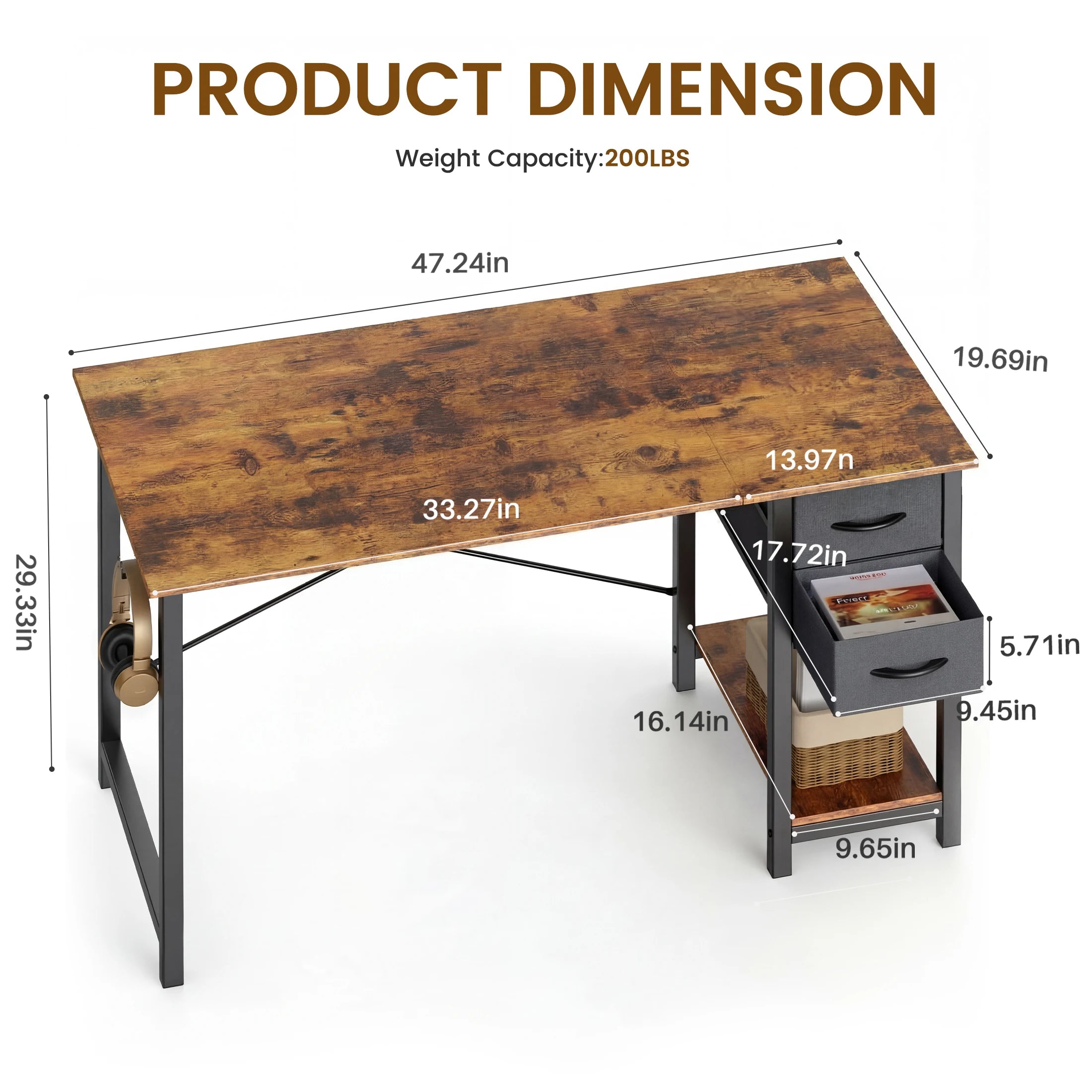 MCQ 47 Inch Standing Office Computer Desk with Drawers and Side Hook Ergonomic Gaming Desk With Storage X‑Frame Stability For Home Office Small Space