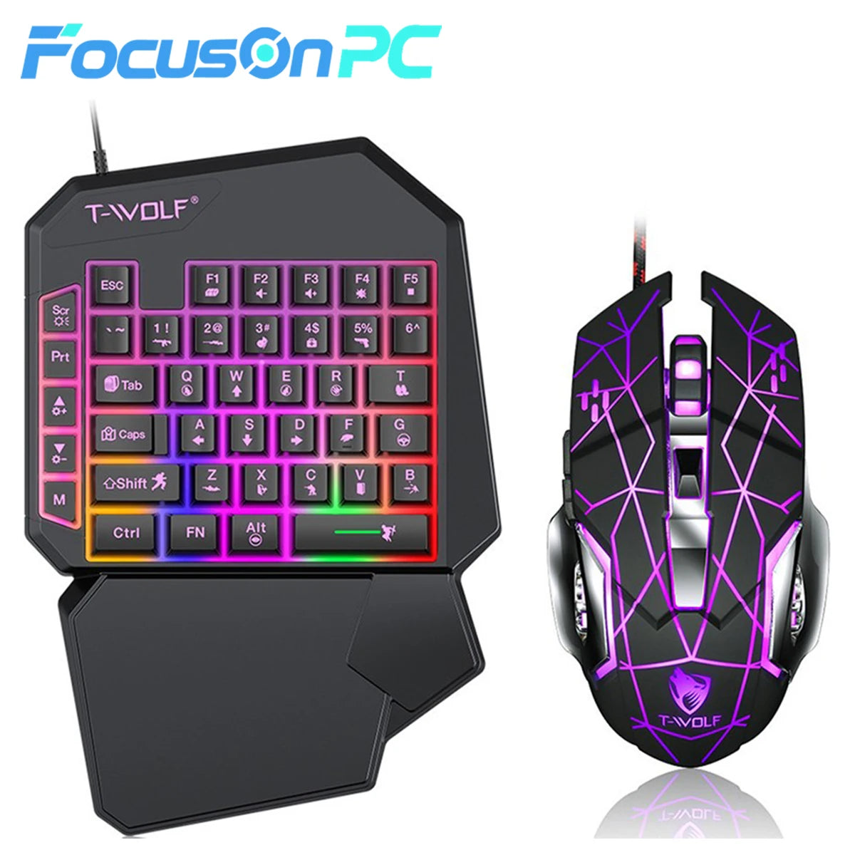 FocusOnPC TF900 2-in-1 Mobile Gaming Converter Combo, One Hand Keyboard & Mouse Kit for PUBG Mobile & Other Smartphone Mobile Games  RGB Wired Gaming Keyboard Mouse Combo