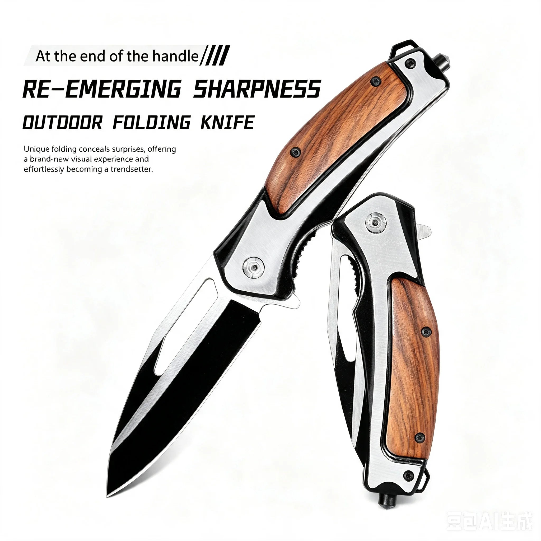Manual Folding Pocket Knife, Wood Grain Handle Stainless Steel Two‑Tone Blade, EDC Utility Knife for Outdoor Camping Hiking Survival Daily Cutting