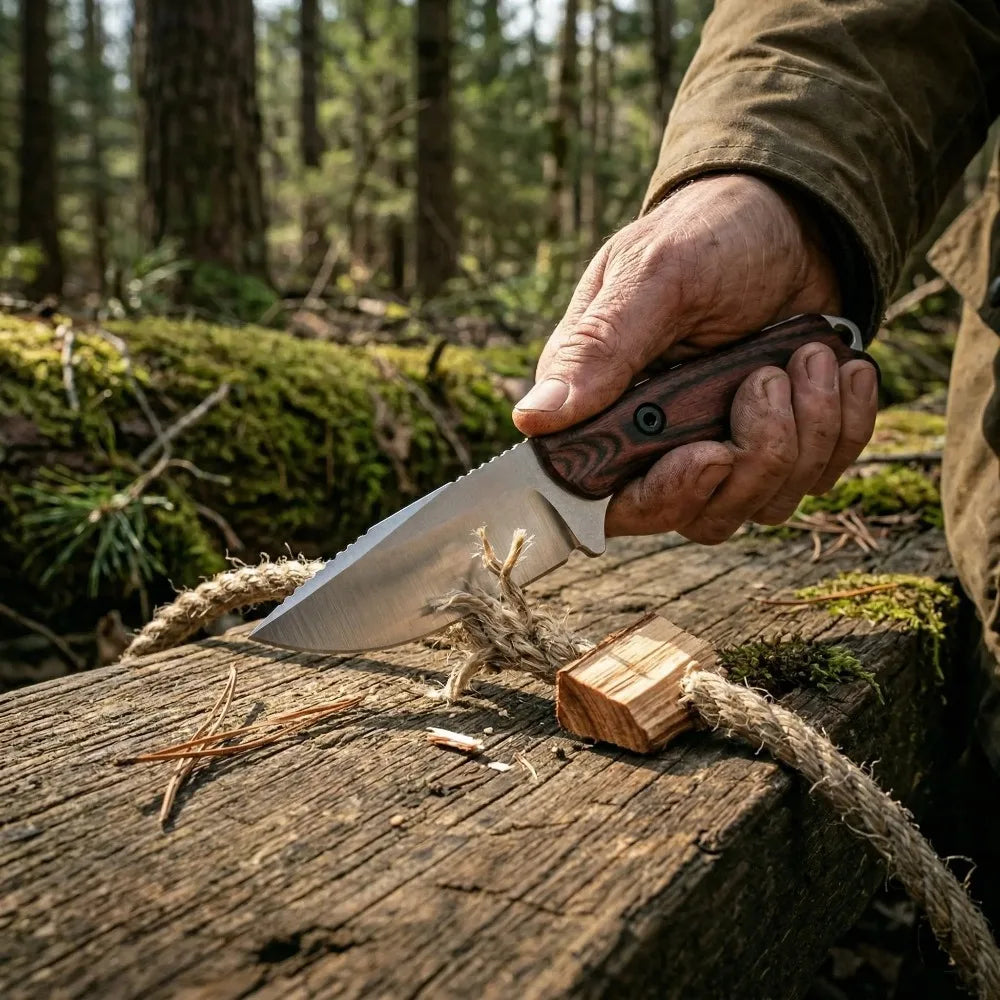 BM 15017 Classic Fixed Blade Knife - 8Cr13MoV Steel, Wooden Handle, Lightweight Unisex Outdoor Practical Tool, Hiking Gear for Camping & Everyday Carry with Leather Sheath, Gear, Camping Knives, Outdoor Camping Knives