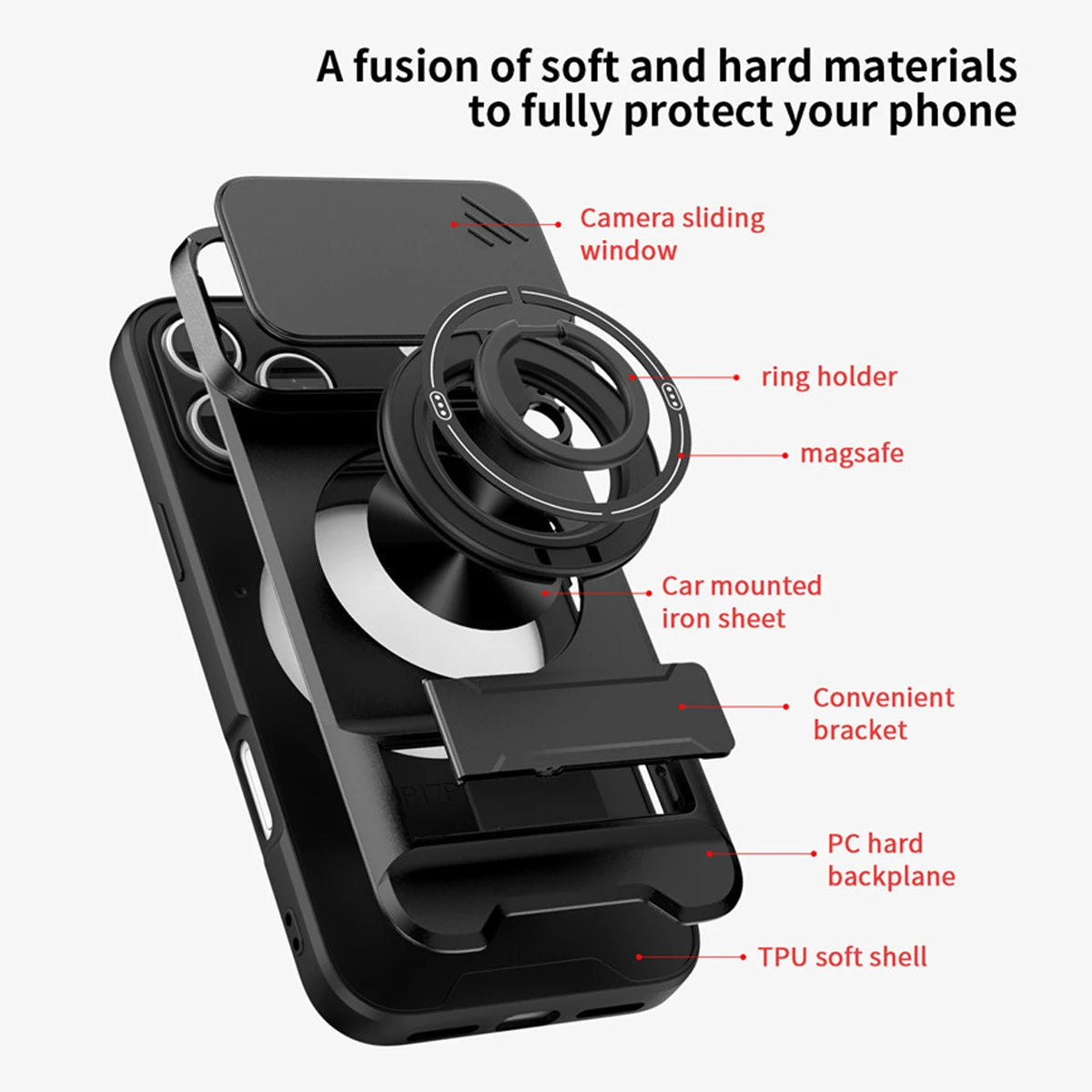 Magnetic Bracket Phone Case, Sliding Camera Lens Cover for Privacy Protection, 360° Rotatable Ring Kickstand, Anti-Slip Shockproof Full-Body Protective Case, Compatible with iPhone 18/17/16/15/14/13/12/11/Air/Pro Max/Plus