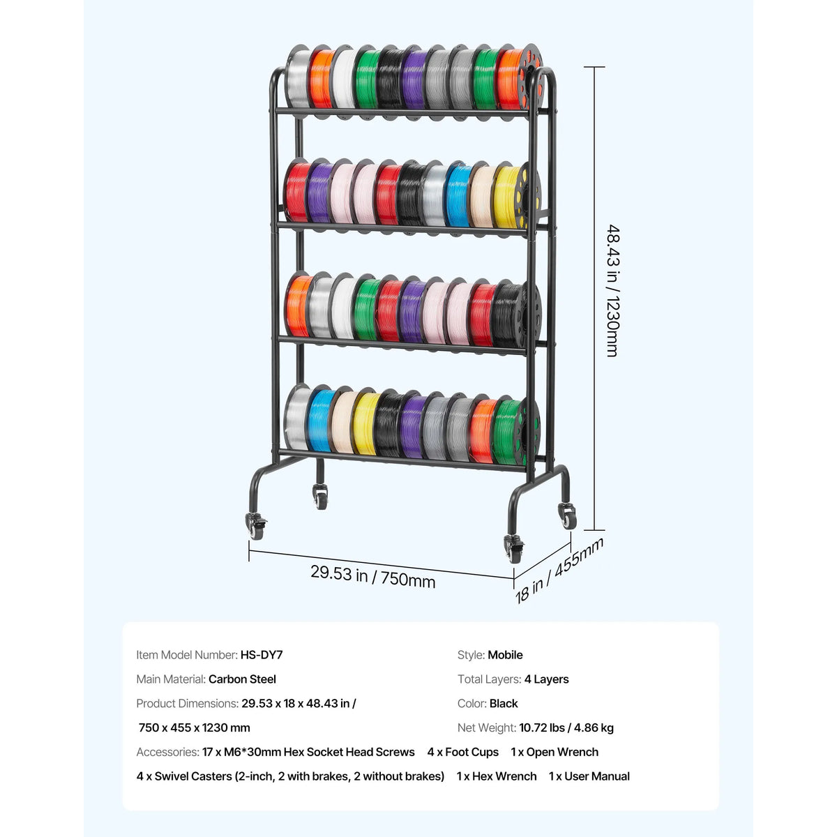 SucceBuy 4 Tier 3D Printer Filament Rolling Filament Spool Storage Rack with Wheels for Office Workshop 3D Printing Station