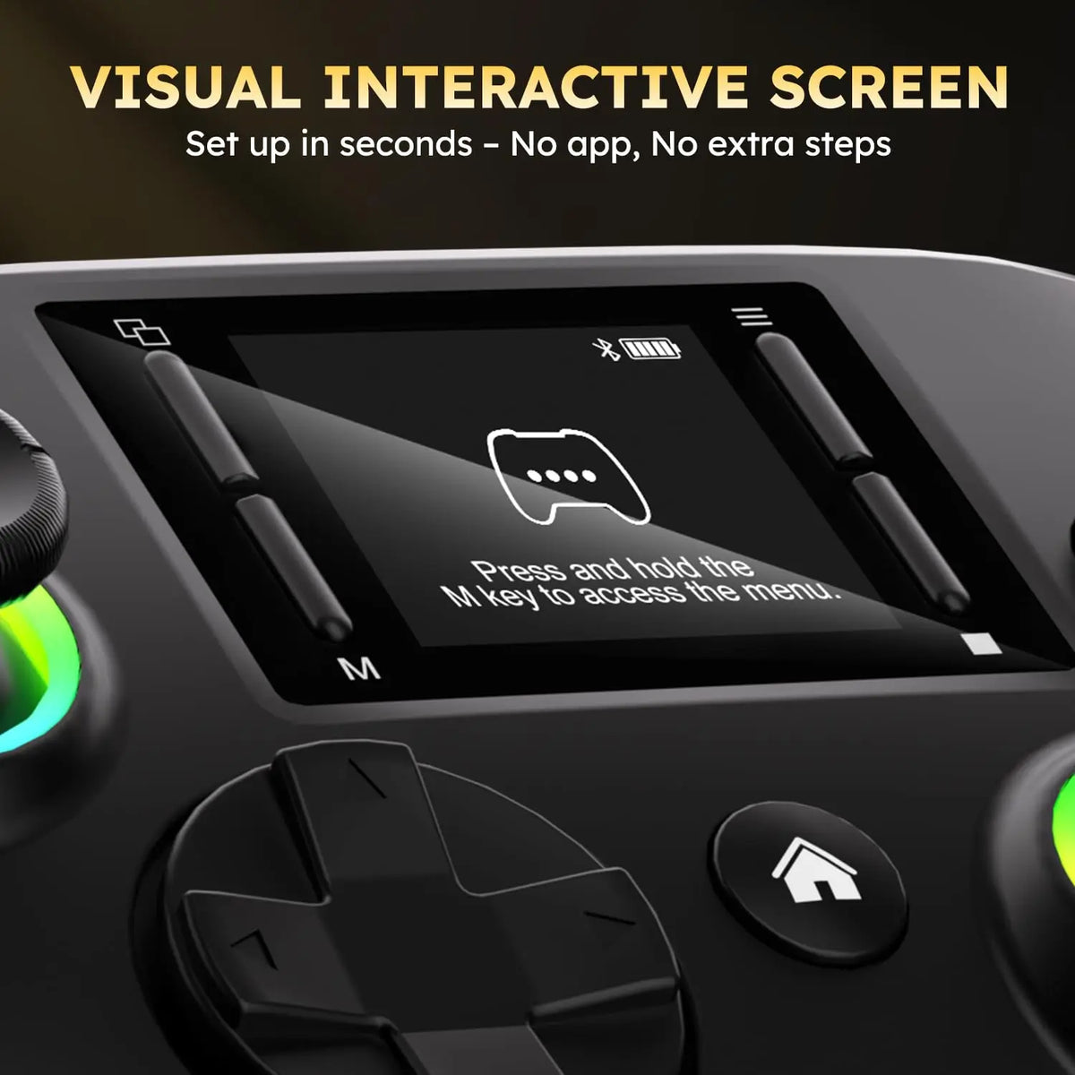 Wireless gaming controller with an interactive screen, compatible with PC, PS4, Switch, Android, and iOS devices. Features 4 programmable buttons, rapid-fire functionality, a 6-axis gyroscope, dual vibration feedback, and RGB