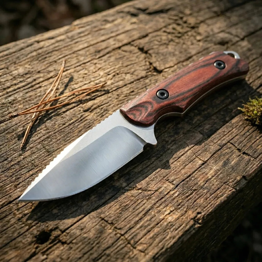 BM 15017 Classic Fixed Blade Knife - 8Cr13MoV Steel, Wooden Handle, Lightweight Unisex Outdoor Practical Tool, Hiking Gear for Camping & Everyday Carry with Leather Sheath, Gear, Camping Knives, Outdoor Camping Knives